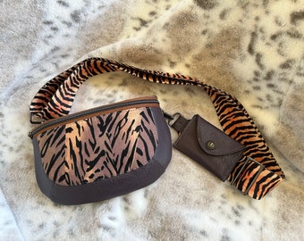 Belt bag, sling bag, Sleek Tiger and Leather bag, extra snap pouch, Tiger guitar strap, Crossbody