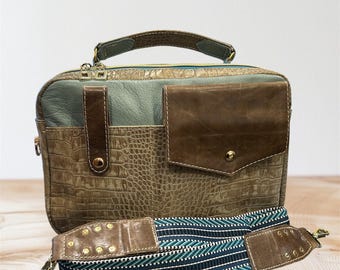 Chic Crossbody Bag, three color combo, taupe gator, light turquoise/mint and cocoa brown, top handle