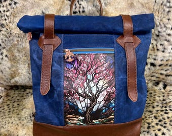 Beautiful rolled top backpack, royal blue waxed canvas, brown leather, zip top