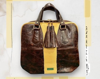 Leather bowler style handbag, croc embossed with fawn colored pebble leather accents
