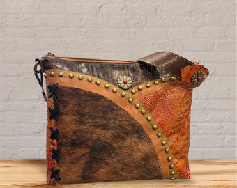 Beautiful all leather shoulder handbag, phoenix fire croc embossed, HOH, embellished