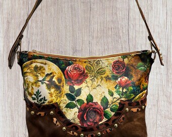 Artisan made shoulder bag, rose printed leather, leopard accents, boho western