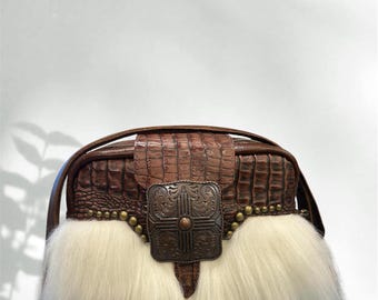 Croc embossed and quilted leather crossbody bag, Icelandic sheep fur, shoulder bag
