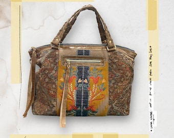 Beautiful artisan tote handbag, medallion upholstery fabric, PNW famous wool, embroidered accents, leather trim