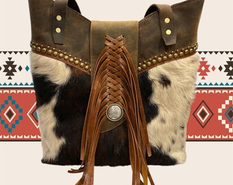 Western style shoulder bag, tri color hair on hide  and oil tan leather,tote bag