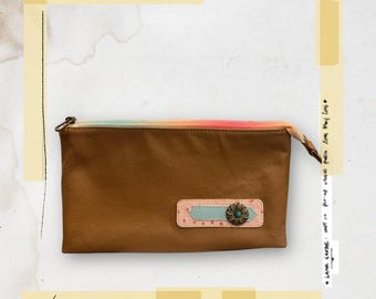 Wristlet, pouch, leather with flower accent and striped nylon strap, zip top, make-up, cosmetic bag, tool bag