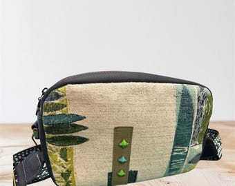 Crossbody,sling bag, vintage barkcloth and navy blue leather