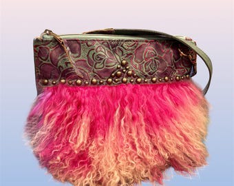 Sassy Crossbody handbag, turquoise and metallic pink rose leather, pink and white Mongolian lamb