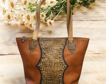 Artisan crafted bison leather shoulder bag, croc embossed leather accents, western flair