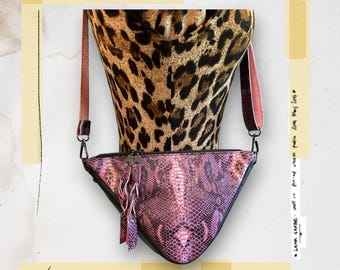 Beautiful crossbody bag, triangle Prada style, pink snake print leather , black leather accents