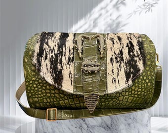 Beautiful croc embossed leather barrel crossbody bag, kiwi green, coordinating Hair on hide flap, zip closure