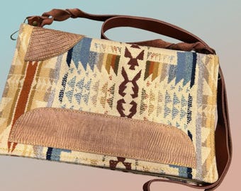 Crossbody bag, PNW wool, saddle blanket saddle pad look, Aztec, leather