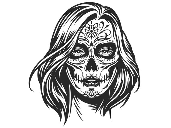 Download Girl Sugar Skull With Short Hair Line Art Silhouette Cricut Cut File File In Svg Instant Download Auto Cad Tshirt Graphic Printable Stencil
