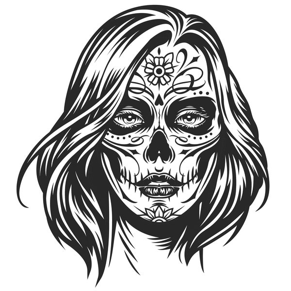 Girl Sugar Skull with Short Hair/Line Art/Silhouette/Cricut/Cut File/File in SVG/Instant Download/Auto Cad/Tshirt Graphic/Printable/Stencil