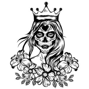 Sugar Skull Queen with Flowers/Line Art/Silhouette/Cricut/Cut File/File in SVG/Instant Download/Auto Cad/Tshirt Graphic/Printable/Stencil