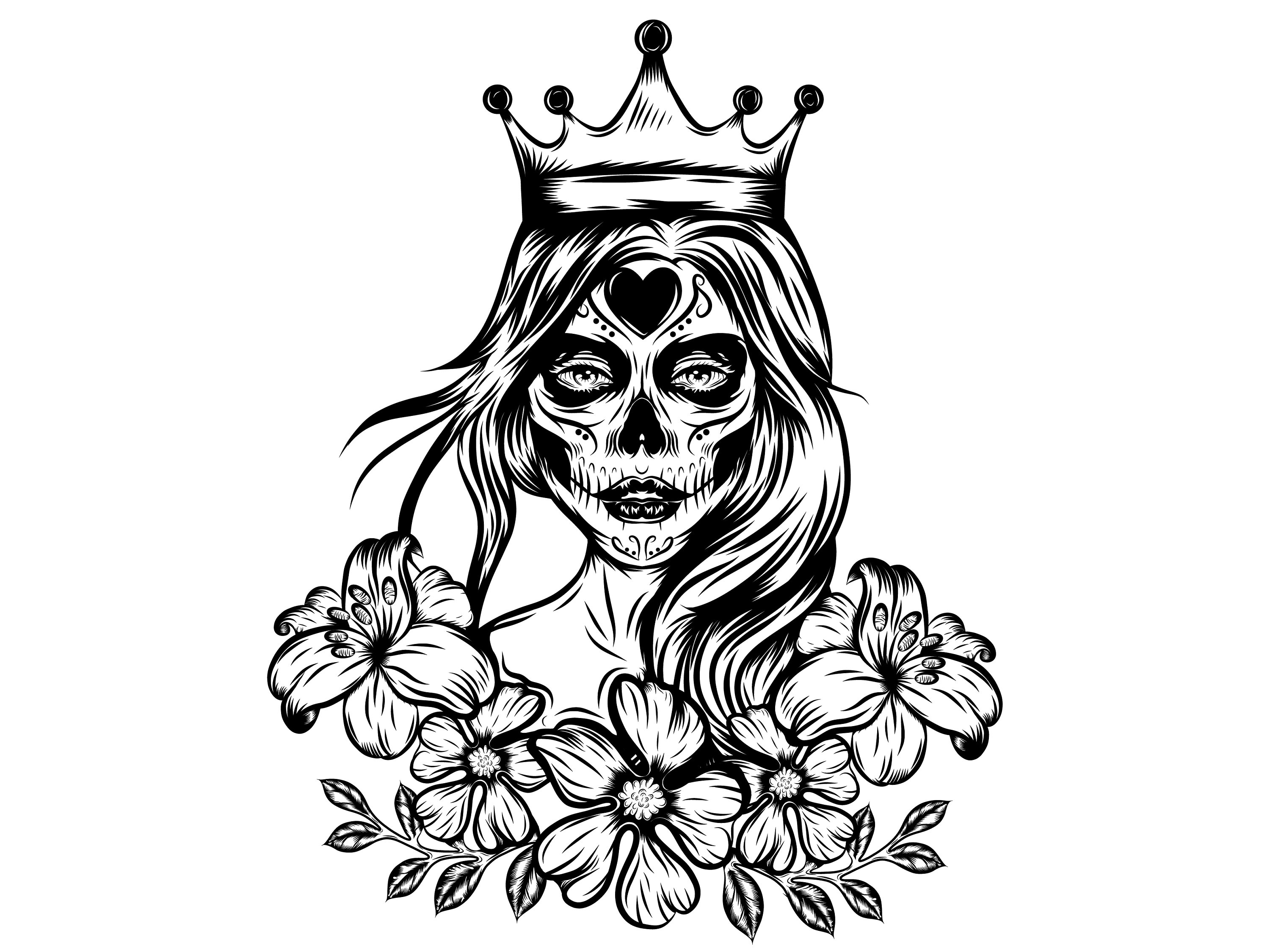 Sugar Skull Queen With Flowers/line Art/silhouette/cricut/cut File
