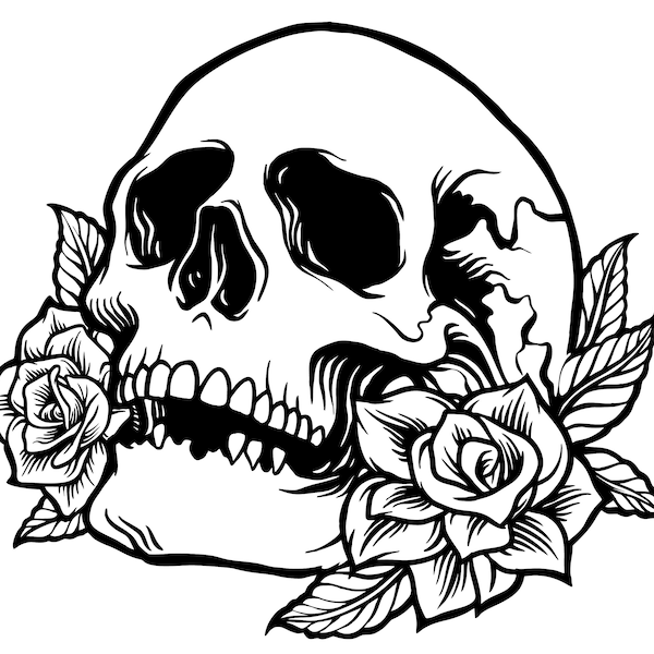 Drawn Skull with Roses/Floral/Tattoo Design/Cricut/Cut File/File in SVG/Instant Download/Auto Cad/Tshirt Graphic/Printable/Stencil