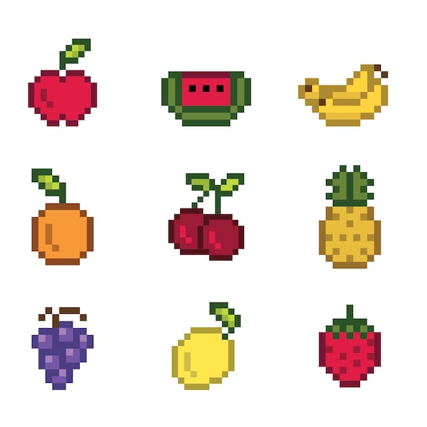 9 Pk of 8-Bit Fruit/Digital Fruits/Video Game/File in PNG/Cricut File/SVG Download Cut File/Tshirt Graphic/Water Bottle Sticker/Vector eps/