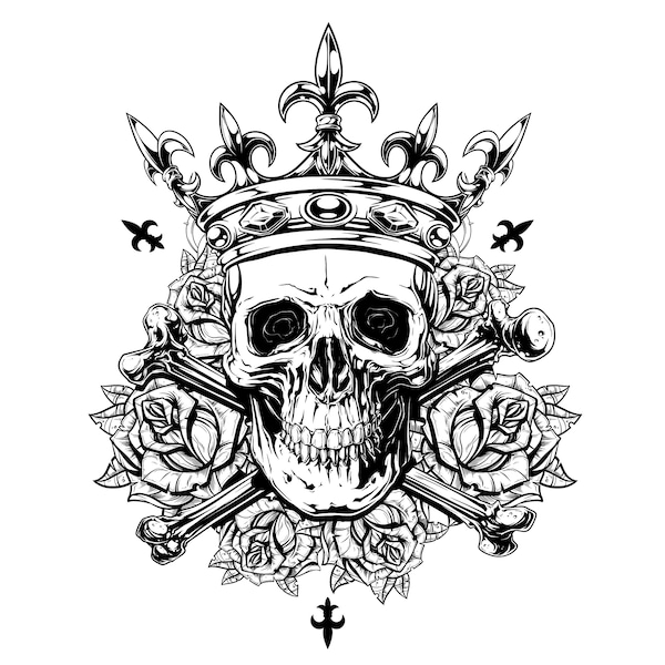 Royal Skull with Crown/Fleur and Roses/Silhouette/Cricut/Cut File/File in SVG/Instant Download/Auto Cad/Tshirt Graphic/Printable/Stencil