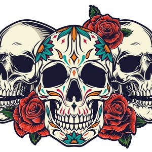 Three Skulls w Roses/Vector/Heat Transfer/Dye Sub Print/File in SVG/Instant Download/Tumbler/Tshirt Graphic/Printable/Decal