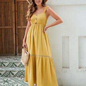 Elegant Mustard Yellow Maxi Dress With Ruffled Straps and Back Tie - Etsy