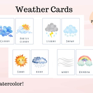 Conjunto educacional para impressão de cartões de aprendizagem meteorológica em aquarela para crianças