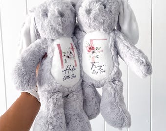 May include: Two gray plush bunny toys with white ears. The bunnies have personalized embroidered patches with floral designs and the names "Hallie Little Sis" and "Freya Big Sis".