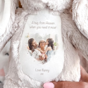 May include: A grey plush stuffed animal with a heart-shaped window on its back. The window shows a photo of a woman and two girls. The text "A hug from Heaven when you need it most" and "Love Nanny xx" is printed on the stuffed animal.