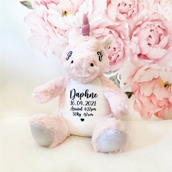 Personalised Unicorn Plush, New Baby Gift, Your Name Teddy, Birth Announcement, Pink Unicorn, Baby Girl Gift, First Birthday, Custom Unicorn