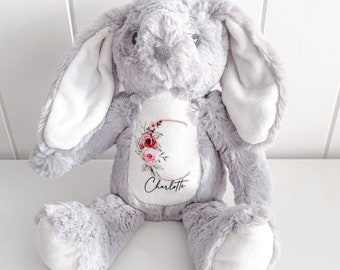 Personalised Bunny Plush, Easter Bunny, Your Name Teddy, Flower Girl Gift, Grey Bunny, Floral Bunny, First Birthday, Plush Toy, Easter Gift