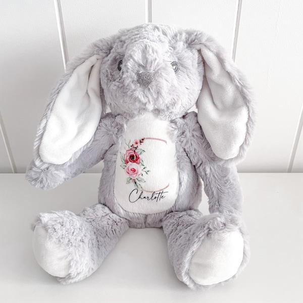 Personalised Bunny Plush, Easter Bunny, Your Name Teddy, Flower Girl Gift, Grey Bunny, Floral Bunny, First Birthday, Plush Toy, Easter Gift