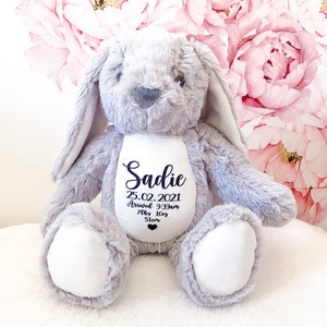 A personalised bunny with birth details of your new baby