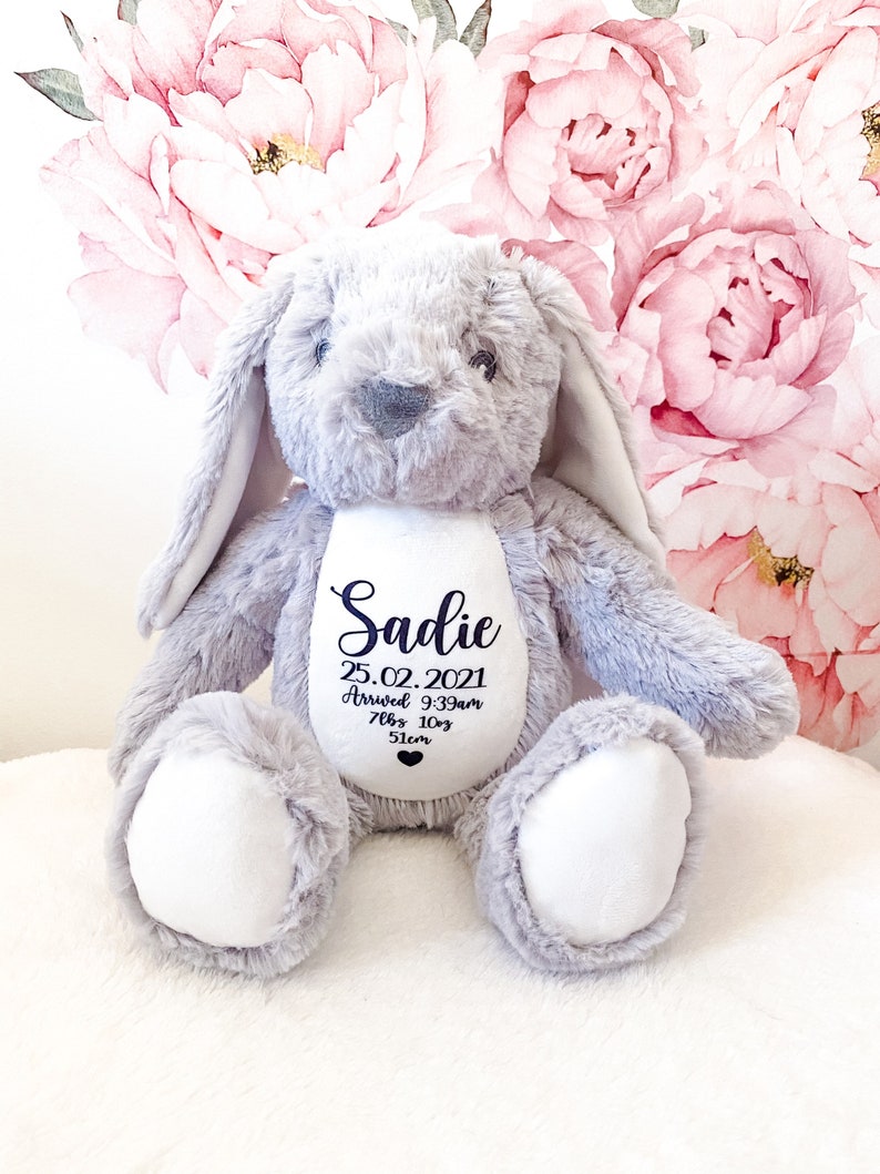 A personalised bunny with birth details of your new baby