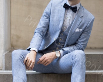 Men's Navy Blue Linen 3-Piece Suit: Slim Fit Summer Wedding