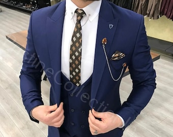 Luxury Blue 3 Piece Suit, One Button Coat Vest Pant