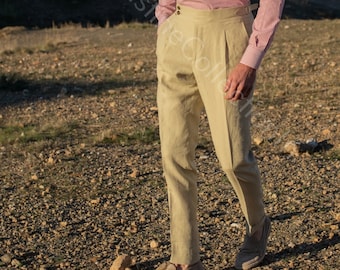 Men's Beige Linen Ankle Trousers, Formal Party Wear