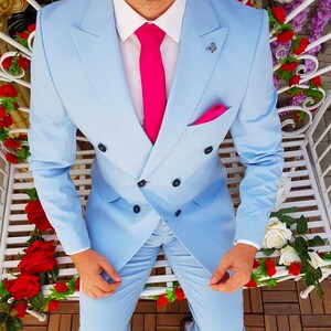 Mens Double Breasted Suits Sky Blue Double Breasted Suit Dinner Party Wear Slim Fit Suit Sky Suit For Mens