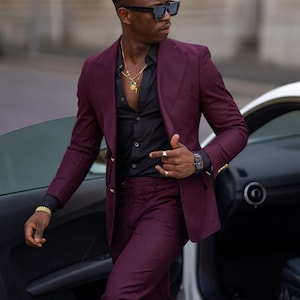 Men Burgundy 2 Piece Suit Elegant Fashion Suit  Summer Beach Wedding Suit Date Night Suit Formal Burgundy Suit 2 Button Burgundy Suit