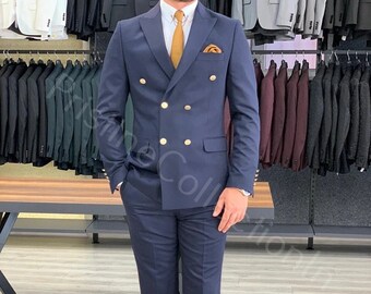 Men's Double Breasted Blue Suit, Peaked Lapel Tuxedo, Wedding Suit