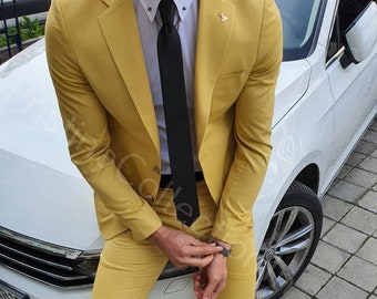 Mens Yellow Slim Fit Suit, 2-Piece Wedding Groomsmen Suit