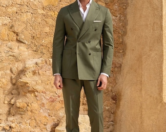 メンズ プレミアム ダークグリーン 2 ピース ダブルブレスト スーツ