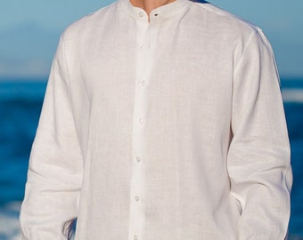 Handmade White Linen Shirt Men, Loose Fit, Long Sleeve