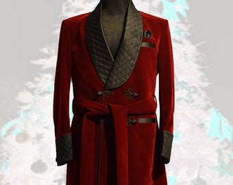 Mens Maroon Velvet Smoking Jacket: Quilted Shawl Lapel Vintage Gown