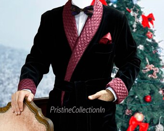 Men's Black Velvet Smoking Jacket: Victorian Quilted Shawl Collar Robe