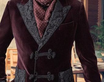 Men's Burgundy Velvet Smoking Jacket, Peaked Lapel, Evening Coat
