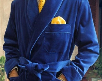 Royal Blue Velvet Dressing Gown - Quilted Silk, Shawl Lapel