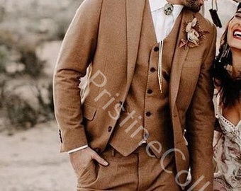 Men's Brown 3-Piece Suit: Beach Wedding, Prom Tuxedo