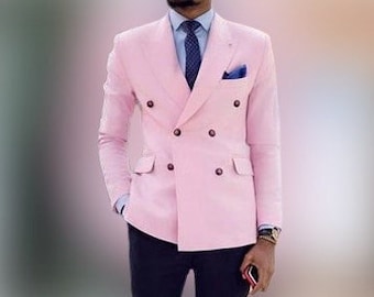 Men's Double Breasted Pink Blazer: Peaked Lapel, Dinner Party Coat