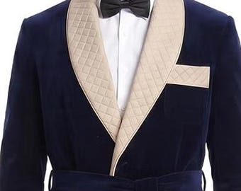 Men’s Navy Velvet Robe, Luxury Shawl Collar Dressing Gown, Elegant Men’s Loungewear, Groom Wedding Robe, Gift for Him