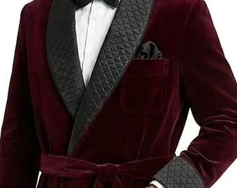 Men’s Maroon Velvet Robe, Luxury Shawl Collar Dressing Gown, Elegant Men’s Loungewear, Groom Wedding Robe, Gift for Him